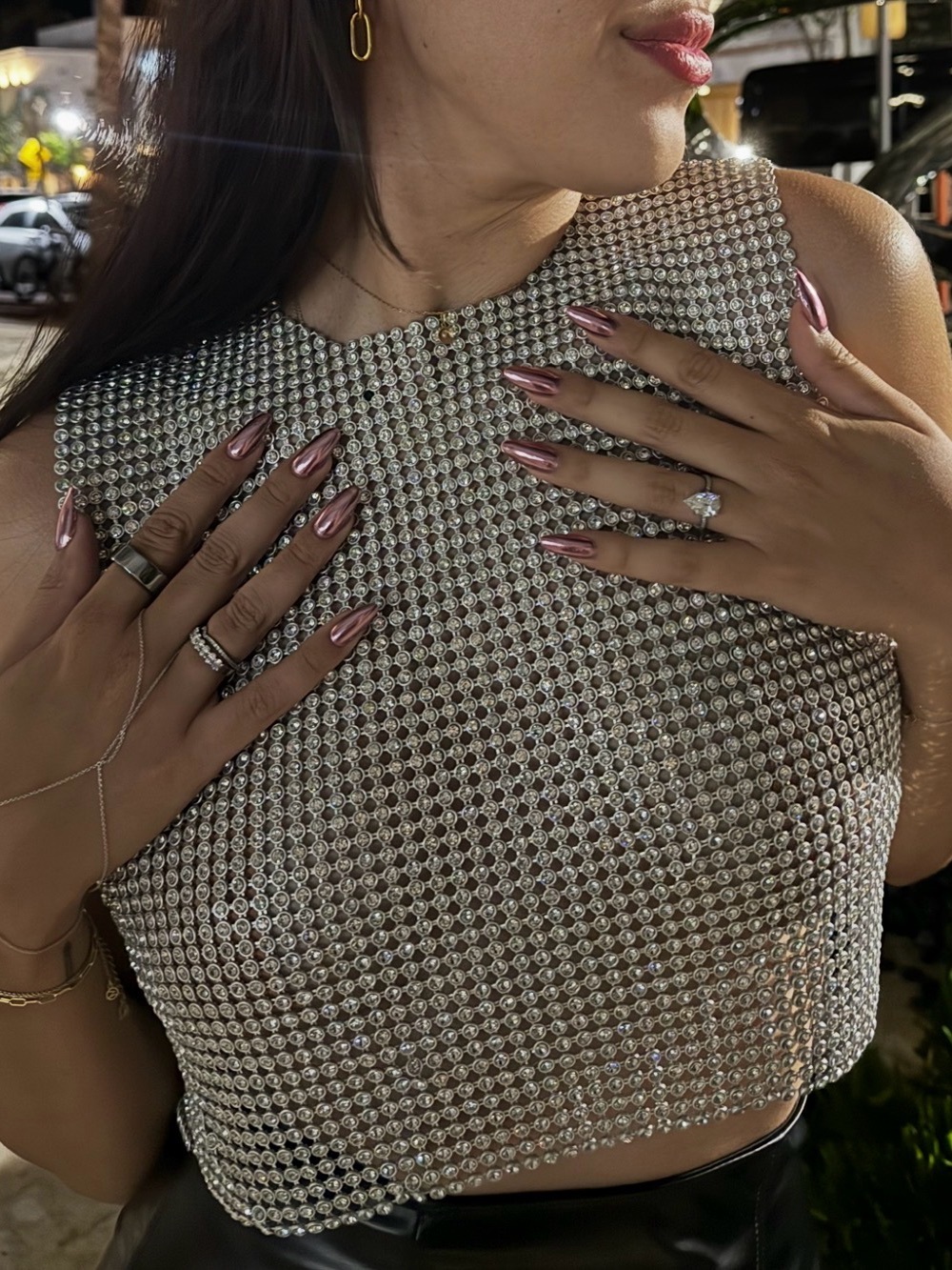 Rhinestone Mesh Crop Tank Top - Silver - Picture 2 of 4